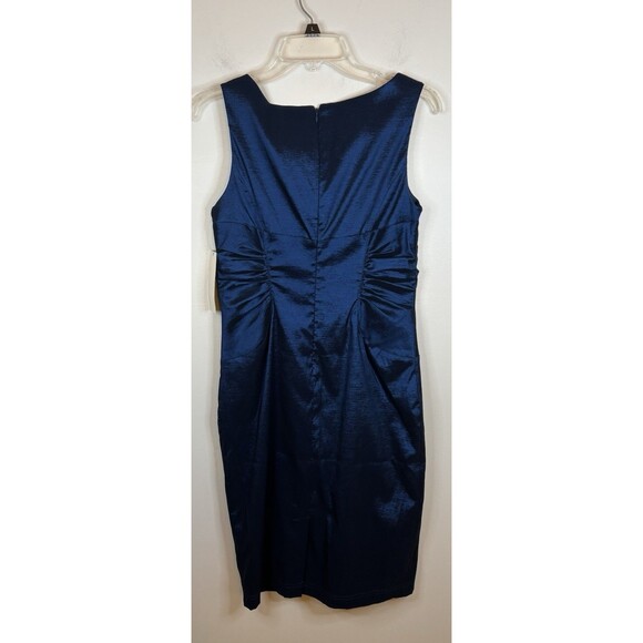 ADRIANNA PAPELL Blue Shimmer Sheath Dress 8 Ruched Split Neck Party Cocktail NEW - Picture 3 of 14